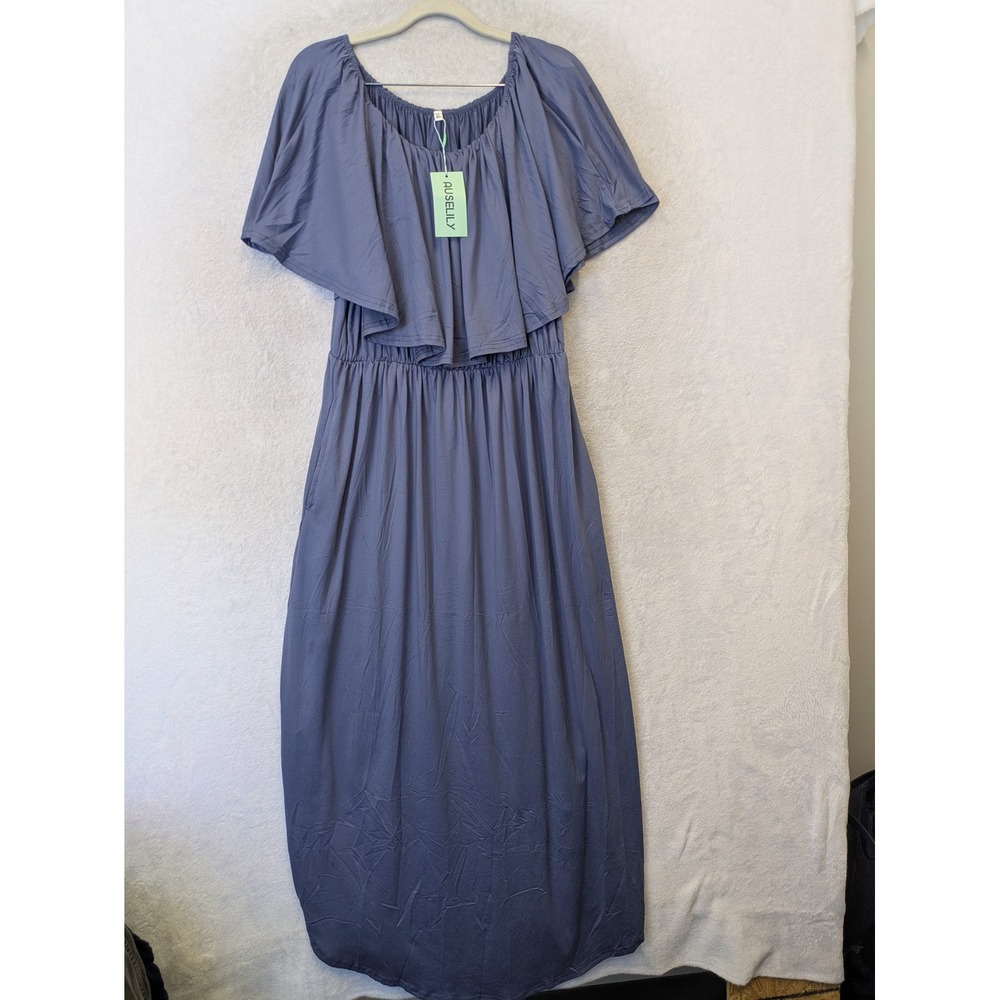 NEW AUSELILY Maxi Dress Women's XL Blue Ruffle Off Shoulder Elastic Waist Pocket